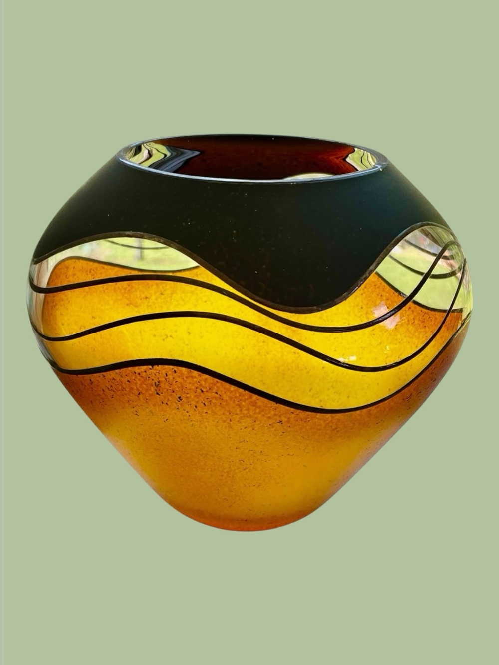 Czech art glass vase, hand blown, wavy orange and black with metal detail